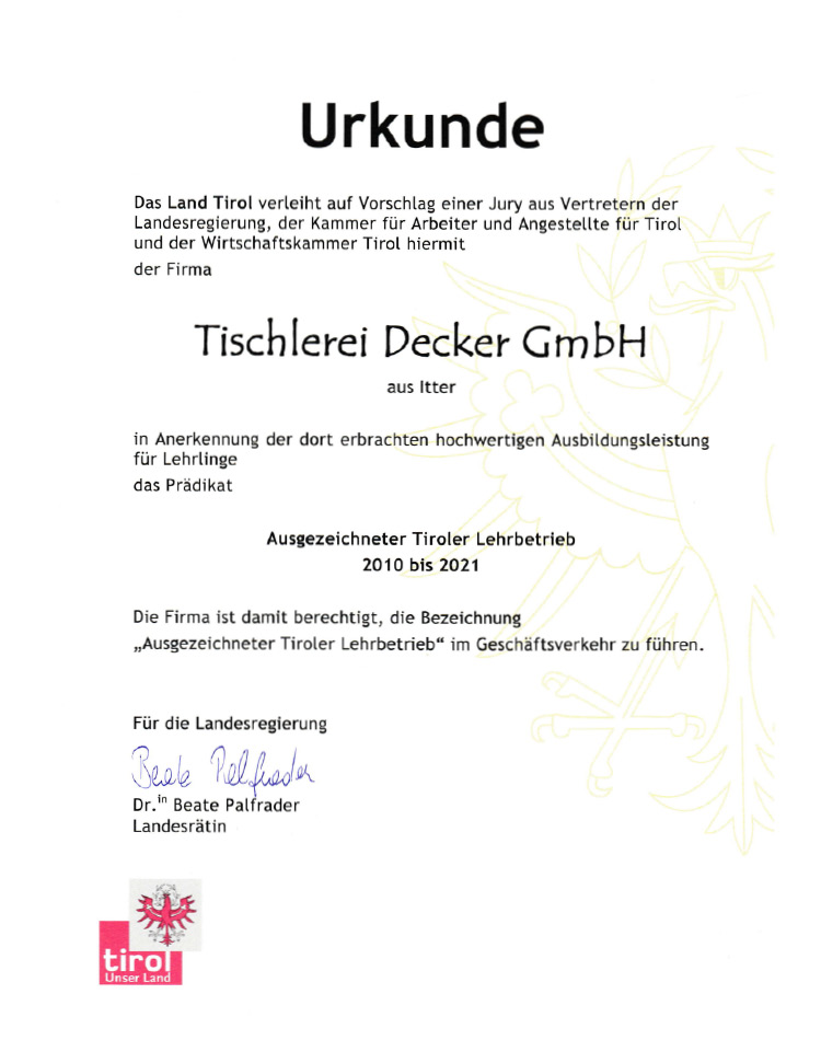 Tischlerei-Decker-Neuigkeiten-ausgezeichneter-Lehrlingsbetrieb-Urkunde Tischlerei-Decker-Neuigkeiten-ausgezeichneter-Lehrlingsbetrieb-Urkunde